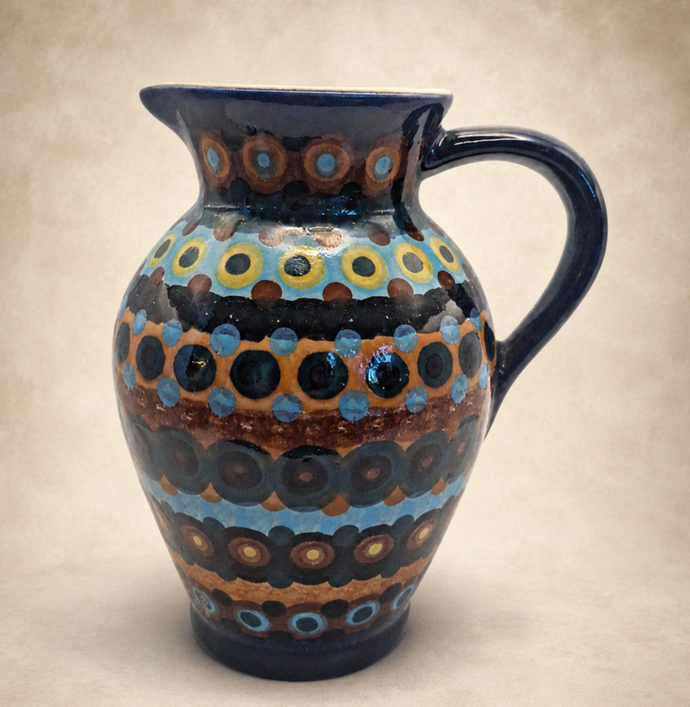 Vintage PT Pottery Germany Peacock Eye Pitcher Lausitz Bunzlau Style 7”